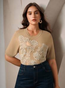 Anewsta 女士优雅刺绣蕾丝拼布镂空百搭T恤针织毛衣