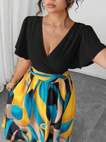 Elenzga 万圣节大码女式春夏波西米亚度假休闲优雅彩色不对称几何印花高低褶边袖长裙 - 彩色 - 查看 5