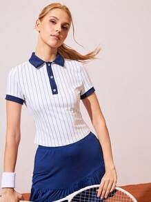 CourtClass Women's Slim Fit Striped Print Sports Polo Shirt For Tennis & Outdoor Exercise Women Golf Tops Women Polo Shirts Women Tennis Tops Striped Polo Shirt Athletic Tops For Women - Multicolor - View 3