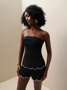 Zolique 2pcs/Set Women's Fashionable Color Block Shell Trim Bandeau Top And Shorts Set, Summer - Black - View 5