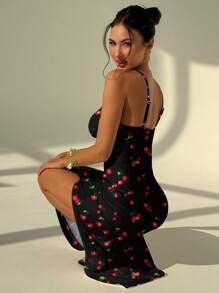 Aloruh 女士休闲优雅高开衩至大腿褶饰长款吊带裙，适合夏季日常穿着，樱桃印花