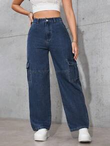 Flirla Casual Washed Straight-Leg Cargo Jeans - Dark Wash - View 5