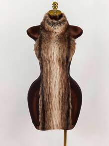 Amplova Fuzzy Yarn & Mesh Patchwork Bodycon Mini Dress Brown Fur Dress - Black - View 3