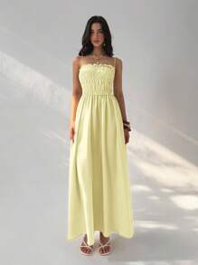 Aloruh Women's Solid Color Frill Trim Maxi Spaghetti Strap Dress, Vacation Style - Light Yellow - View 3