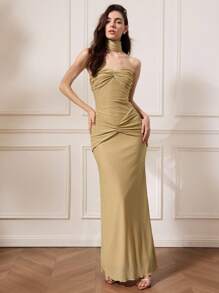 Briarwyn 优雅纯色褶皱紧身连衣裙，秋季女装，复古风女装，女士度假装，优雅派对连衣裙 - 杏色 - 查看 2