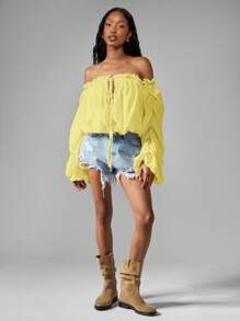 MISSGUIDED Off Shoulder Peasant Top Boho Chic Summer Puff Sleeve Blouse Gathered Crop Festival Beach Vacation Spring - Yellow - View 3