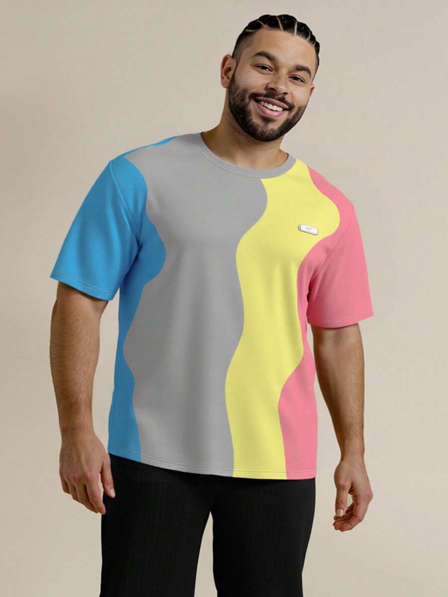 EASEVO 大码男士休闲波浪图案印花圆领短袖 T 恤 - 粉色 - 查看 1