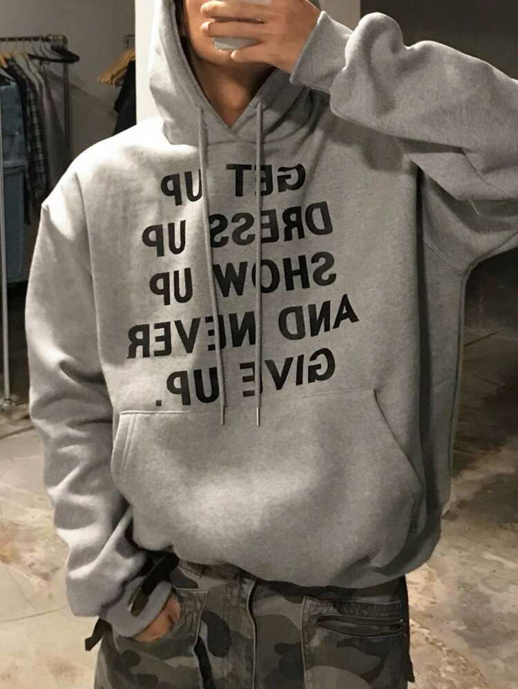 Men's Letter Print Drawstring Gray Hoodie, Autumn