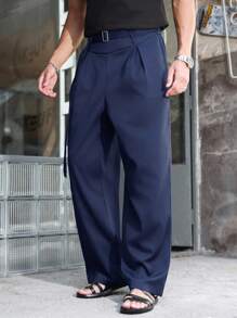 Manfinity Roghcode 男士黑色高腰百褶阔腿裤，腰带装饰，时尚百搭款式男士阔腿裤男士高腰裤海军蓝裤子男士束腰裤男士百褶裤，秋季 - 藏蓝色 - 查看 6