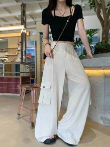 DAZY Women's Casual Solid Color Wide Leg Cargo Pants - Apricot - View 3