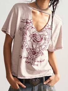 Bohemela Autumn/Winter Boho Independence Day Vintage Casual Solid Color Knit Short Sleeve Loose Washed Women Graphic T-Shirt - Pink - View 2