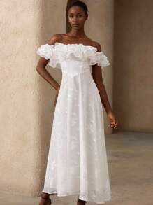 Aveloria 法式复古优雅浪漫约会夜礼服，奢华设计，压花叶贴花，露肩荷叶边多层雪纺连衣裙，束腰显瘦效果 - 白色 - 查看 7