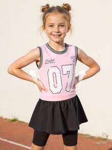 JNSQ Ensemble 2 pièces pour fille pré-adolescente : Soutien-gorge de sport et short de yoga. Ensemble 2 pièces pour enfants : Débardeur imprimé de numéros amusants et short, en patchwork et couleurs contrastées