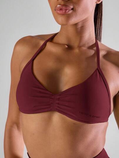 Ra Sport Solid Ruched Bust Open Back Halter Sports Bra, Active Comfy Workout Gym Running Run Club Padel, Tennis, Pickleball Fitness Fall view 6