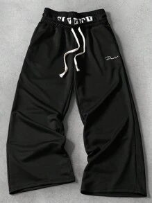 Manfinity Roughcore Men's Casual Versatile Drawstring Double Waist Sweatpants - Black - View 1