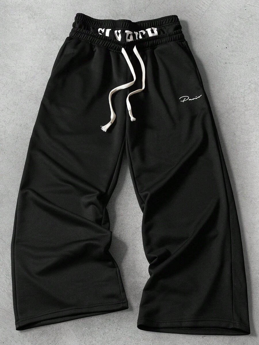 Manfinity Roughcore Men's Casual Versatile Drawstring Double Waist Sweatpants - Black - View 1