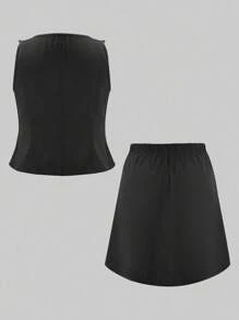 SHEIN LUNE Plus Size Women Spring 2pcs Set: Sleeveless Ruffled Hem Top And Mini Skirt - Black - View 2