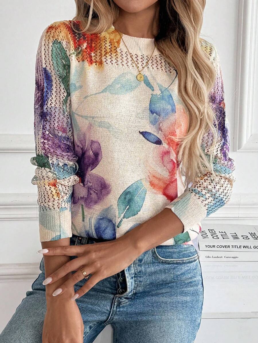 EMERY ROSE New Vintage Artistic Tie-Dye Print Round Neck Lightweight Ice Silk Women Pullover Sweater, Stylish For Spring And Summer Floral Sweaters For Women Colorful Tops For Women Women Blouses Long Sleeve Summer Sweaters For Women Women Sweaters