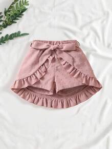 SHEIN Vintaside Kids Young Girl Pastel Pink Solid Color Vacation Style Shorts With Ruffle Hem, Basic And Versatile For Summer,Holiday,Summer,Travel - Dusty Pink - View 7