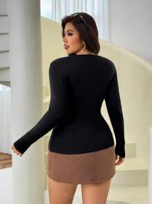 SHEIN EZwear Plus Size Women Solid Color Twist Hollow Out Long Sleeve Pullover Sweater,Fall,Winter - Black - View 2