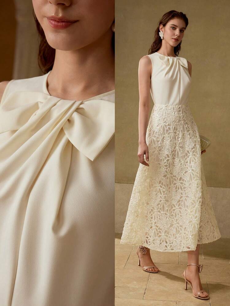 Vestido elegante de cintura alta y ajuste ceñido con cuello de lazo y falda en línea A, con sensación de alta gama para mujeres