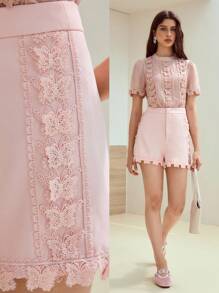 MOTF STUDIO 对比色蕾丝拉链短裤 - 藕粉色 - 查看 1