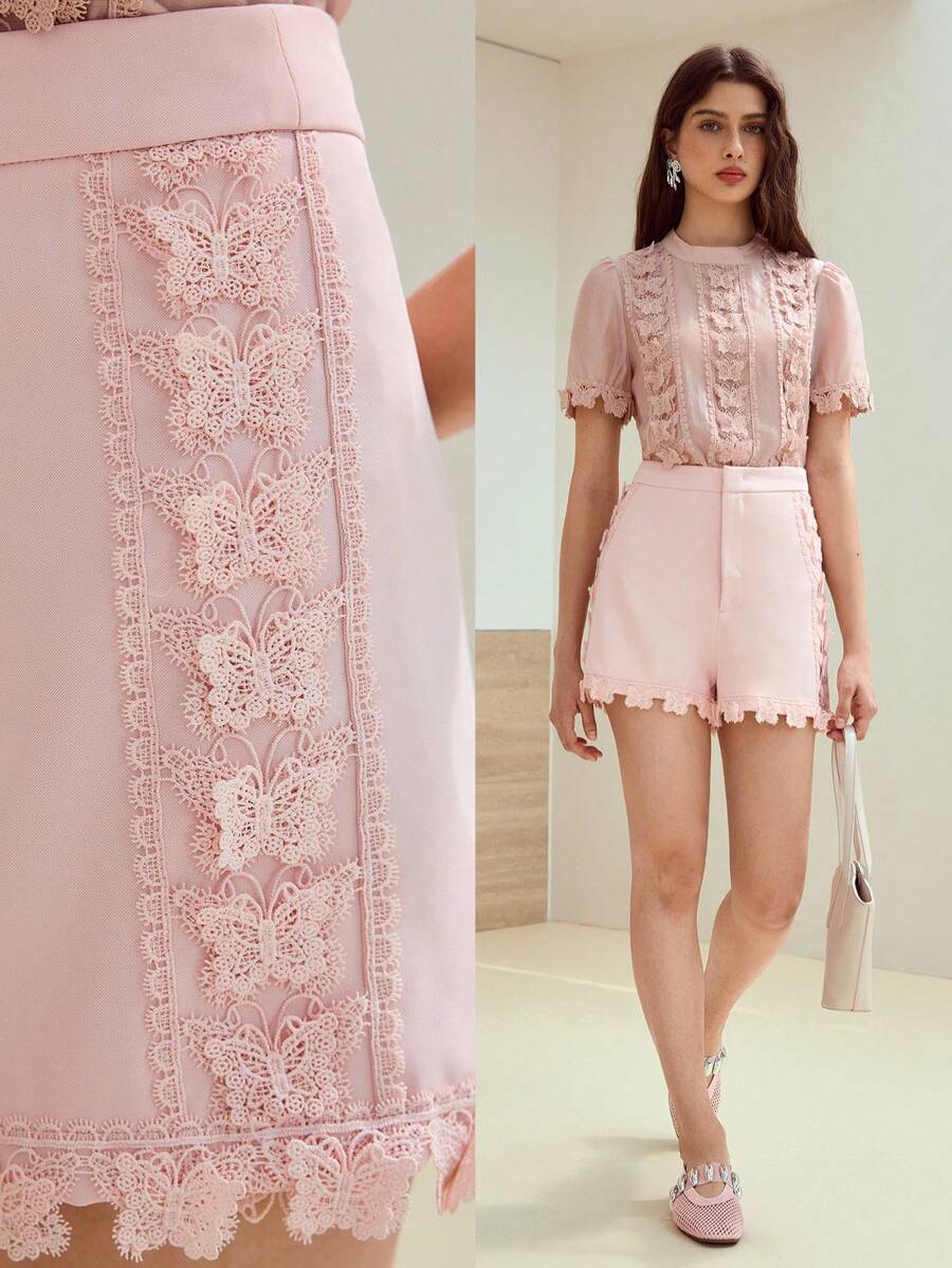 MOTF STUDIO 对比色蕾丝拉链短裤 - 藕粉色 - 查看 1
