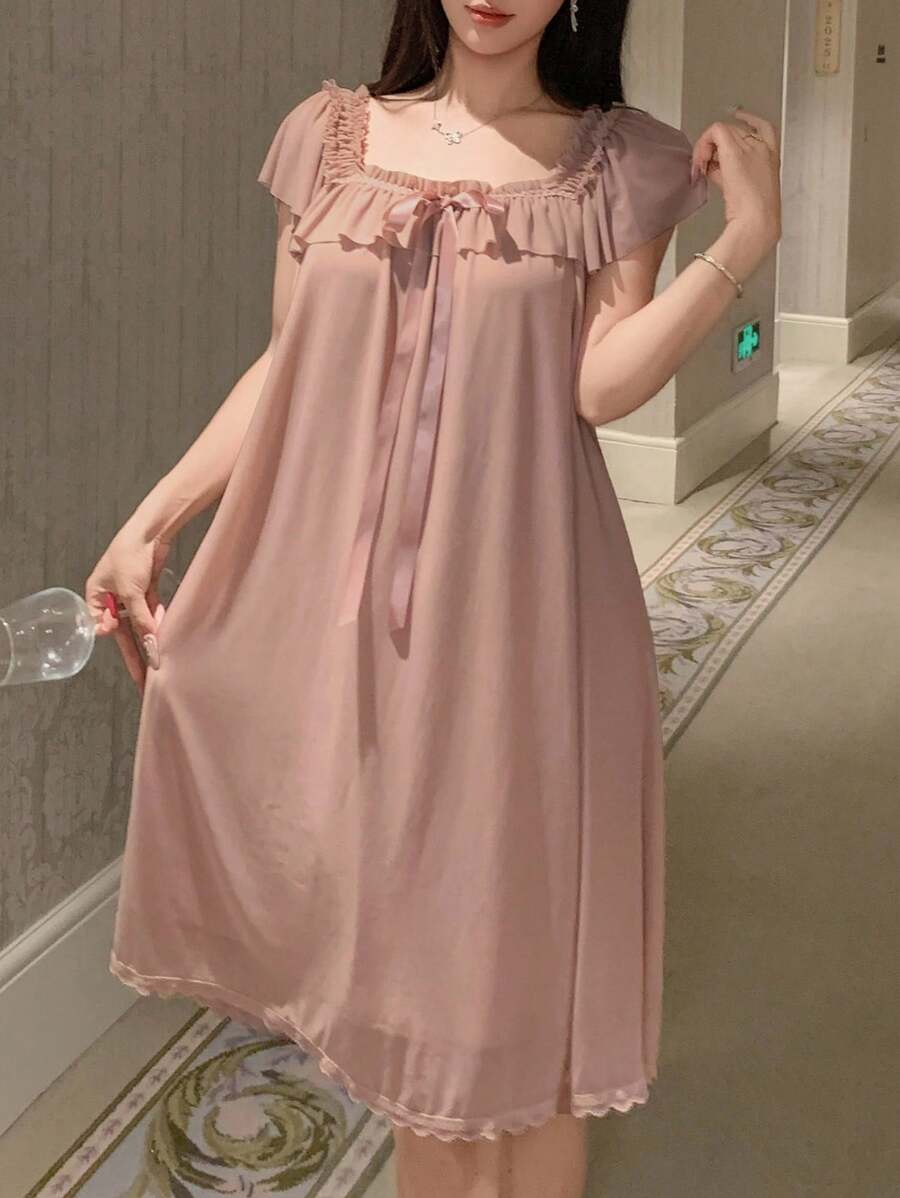 DAZY 可爱轻盈荷叶边网眼女士睡袍睡衣 - 淺粉色 - 查看 1