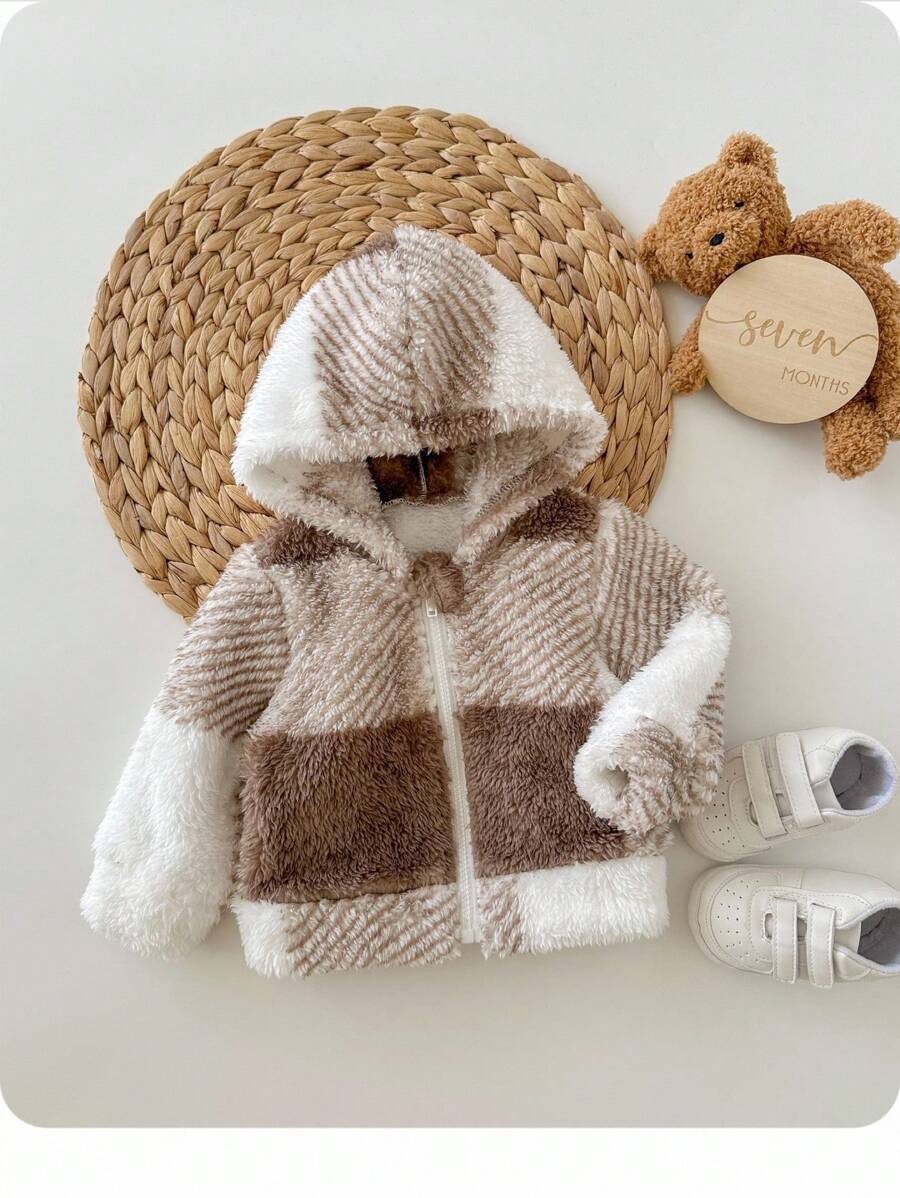 SHEIN Newborn Baby Girls Cute Plush Hooded Jacket, Checkered Pattern, Versatile For Autumn/Winter Fall Neutral - Multicolor - View 1