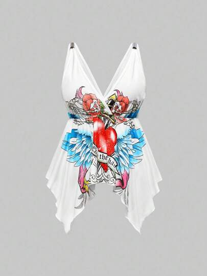 Grunge Punk Y2K Style Vintage Nature Plant Vine Print Asymmetric Hem Spaghetti Strap Tank Top For Plus Size