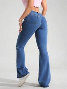 SHEIN PETITE Quần Jeans Ống Loe Skinny Thường Ngày Đa Năng Cho Nữ - Rửa trung bình - Xem 2