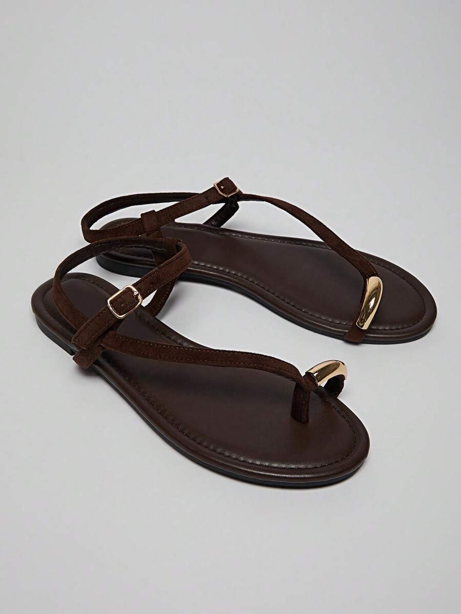 SHUZIA Women Comfortable Round-Toe Flat Sandal With Thin-Strap And Toe Ring For Daily Wear & Vacation - Chocolate Brown - View 1