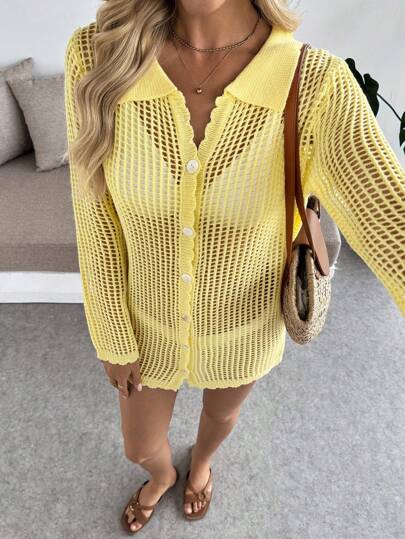 Breezaya Women's Light Yellow Semi-Sheer Open Knit Button-Up Cardigan. This Long Sleeve Collared Top Serves As A Stylish Beach Cover-Up Or A Casual Summer Tunic, Offering Breezy Comfort And Relaxed Style.