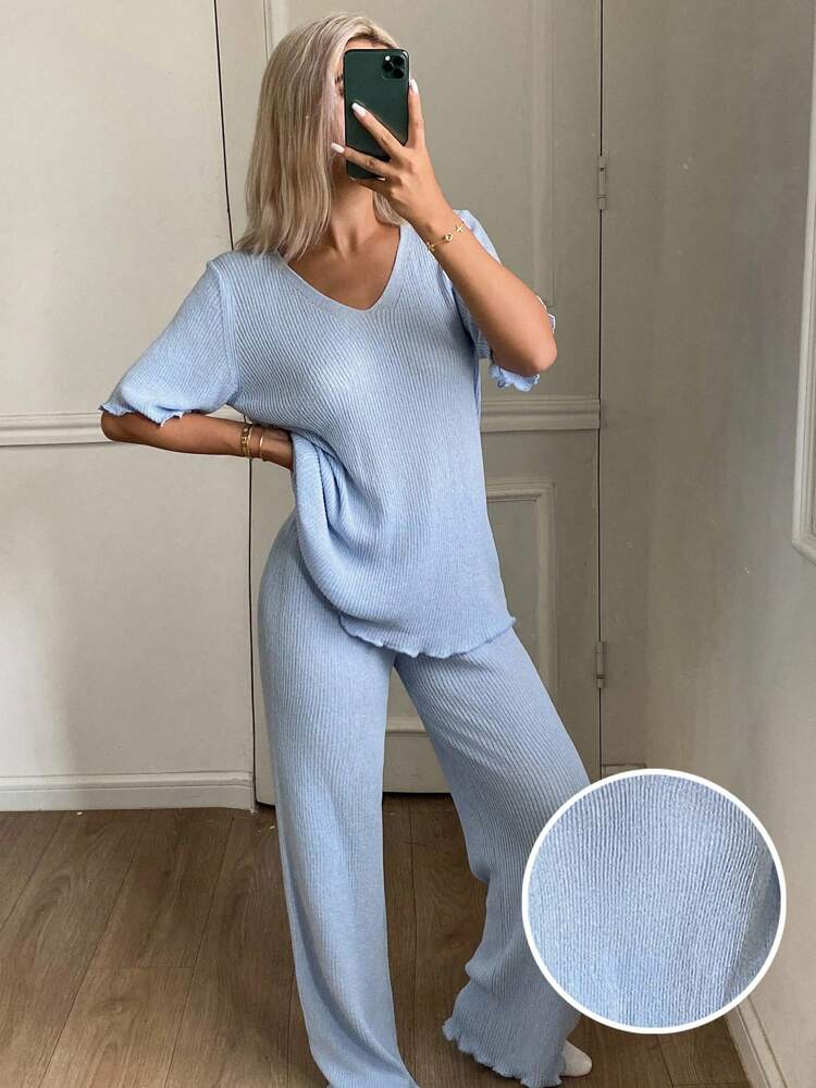Simple Solid Color Comfortable Knit Ladies Pajama Set