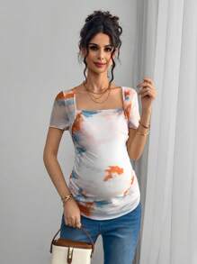 Momance Camiseta de maternidad de manga corta con cuello cuadrado, impresión digital y doble capa con plisado en el busto - Multicolor - Ver 5