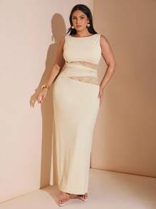 SHEIN BAE 大码女式优雅黑色蕾丝和丝绸拼布连衣裙，适合音乐节、海滩度假、婚礼宾客 - 杏色 - 查看 6