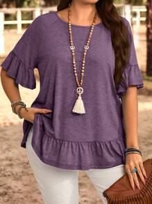 EMERY ROSE Plus Size Round Neck Short Sleeve Solid Color T-Shirt, Casual & Fashionable For Everyday Wear,Summer Clothes,Vacation Outfits Woman / Vacation,Boho Women Clothing, Ruffle Sleeve Top, Dark Purple Top, Summer Top,Fall Women Clothes ,Summer Holiday,Vacation Outfits Women,Simple And Fashionable For Everyday Wear,Suitable For Early Autumn,Going Out Outfits,Western Outfits, Early Autumn Boho Top For Women,Teacher Outfits For Women,Teacher Outfits For Women