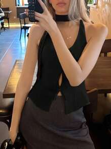 INAWLY 女士纯色蝴蝶结装饰挂脖背心 - 黑色 - 查看 2