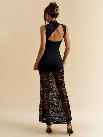 SHEIN BAE Women's Black Sleeveless Mock Neck Waist Twist Rope Hemline Patchwork Semi-Sheer Lace Dress, Lace Maxi Dress,Black Dress,Dresses For Women Elegant