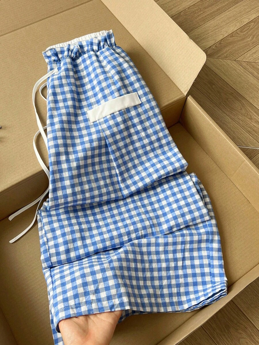 SHEIN MOOSTA Plus Size Women's Blue Plaid Casual Straight Leg Pants Fall Cloth For Women - Blue - View 1