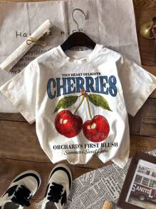 SHEIN 青少年女孩休闲简约樱桃图案短袖圆领 T 恤，适合夏季 - 彩色 - 查看 2