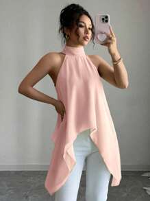 Rafferiza 女式无袖露背浅绿色百搭衬衫，夏季 - 粉色 - 查看 1