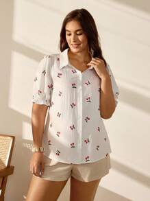 EMERY ROSE Camisa de manga abullonada con estampado de cerezas de talla grande, estilo casual de verano con estampado aleatorio - Blanco - Ver 6