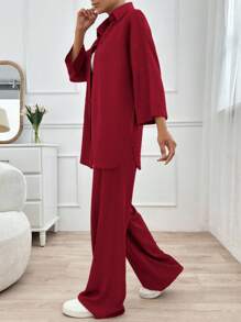 EURMUSE 纯色衬衫和裤子套装，休闲办公装 - 紅色 - 查看 6