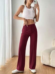 SHEIN EZwear 秋冬女士简约休闲酒红色长裤 - 酒紅色 - 查看 5