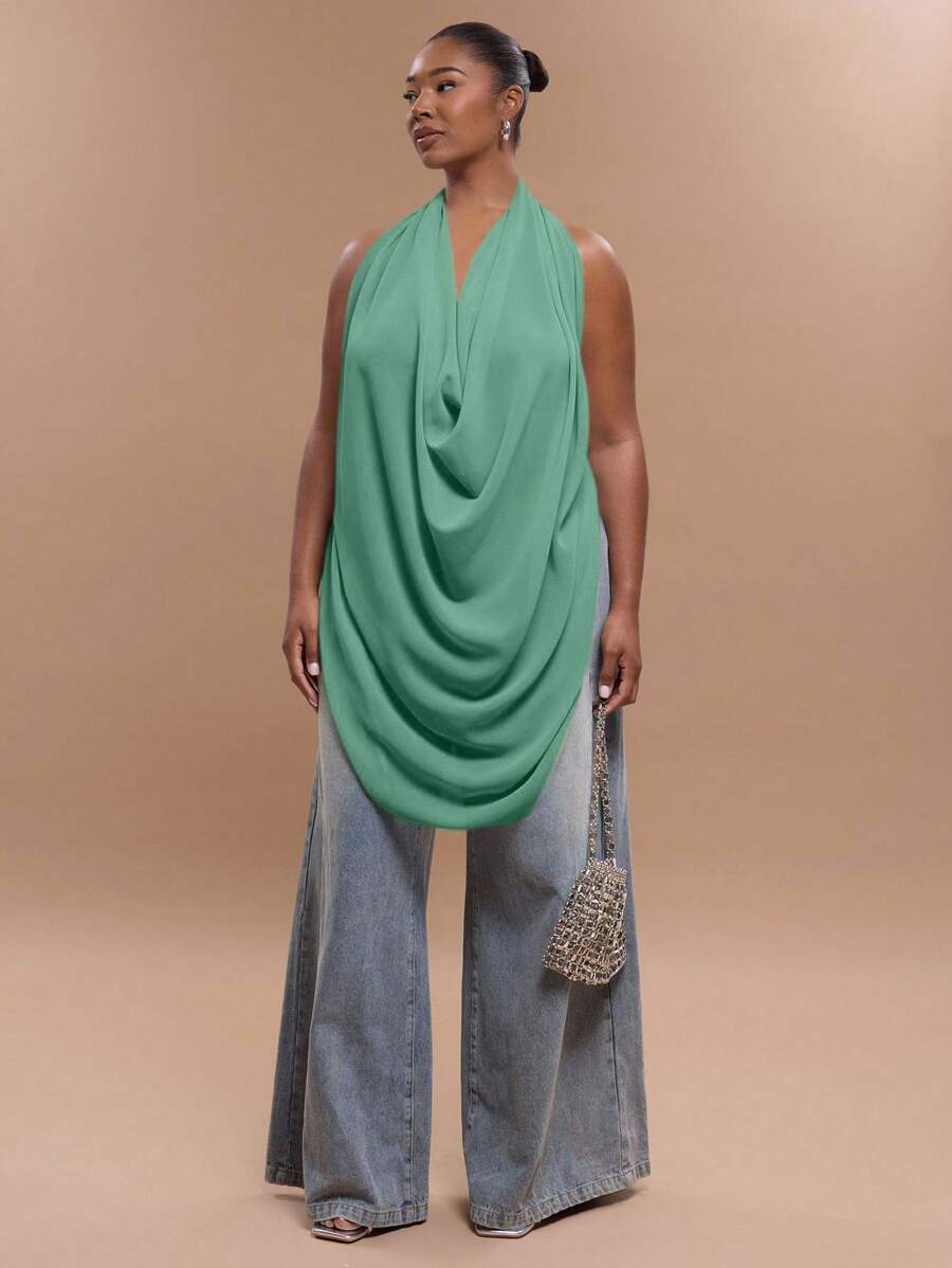 MUSERA Plus Size Chiffon Extreme Draped Halter Neck Backless Top For Going Out, Sexy, Club, Holiday, Rave, Festival, Concert, Spring Summer - Teal Blue - View 1