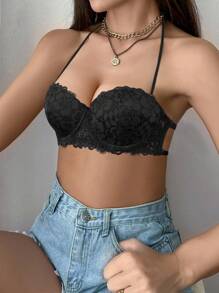 1pc Lace Back Strapless Bra With Underwire For Women, Push Up Bra With Invisible Strap, Enhancing Small Bust - Black - View 8