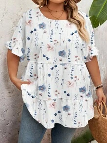SHEIN CURVE+ 休闲简约大码衬衫，夏季女士夏季衬衫蝴蝶袖上衣花卉夏季上衣大码夏季上衣短袖夏季上衣 - 彩色 - 查看 4