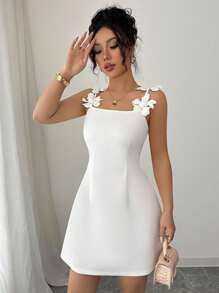 SHEIN PETITE Women's Spring/Summer Fashion Elegant 3D Flower Strap Waist Cinched Minimalist Versatile Casual Mini Dress - White - View 4