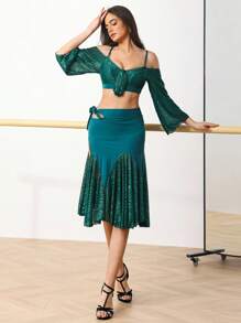 Menodora SHEIN Sport 女士户外时尚性感露肩露背运动T恤 - 綠色 - 查看 7